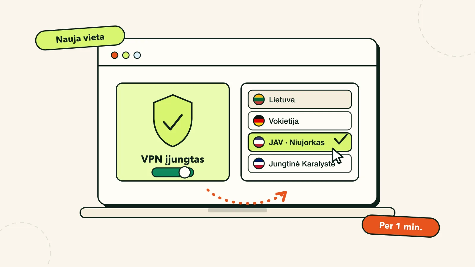 Nešiojamo kompiuterio ekrane VPN serveris keičiamas iš Lietuvos į JAV