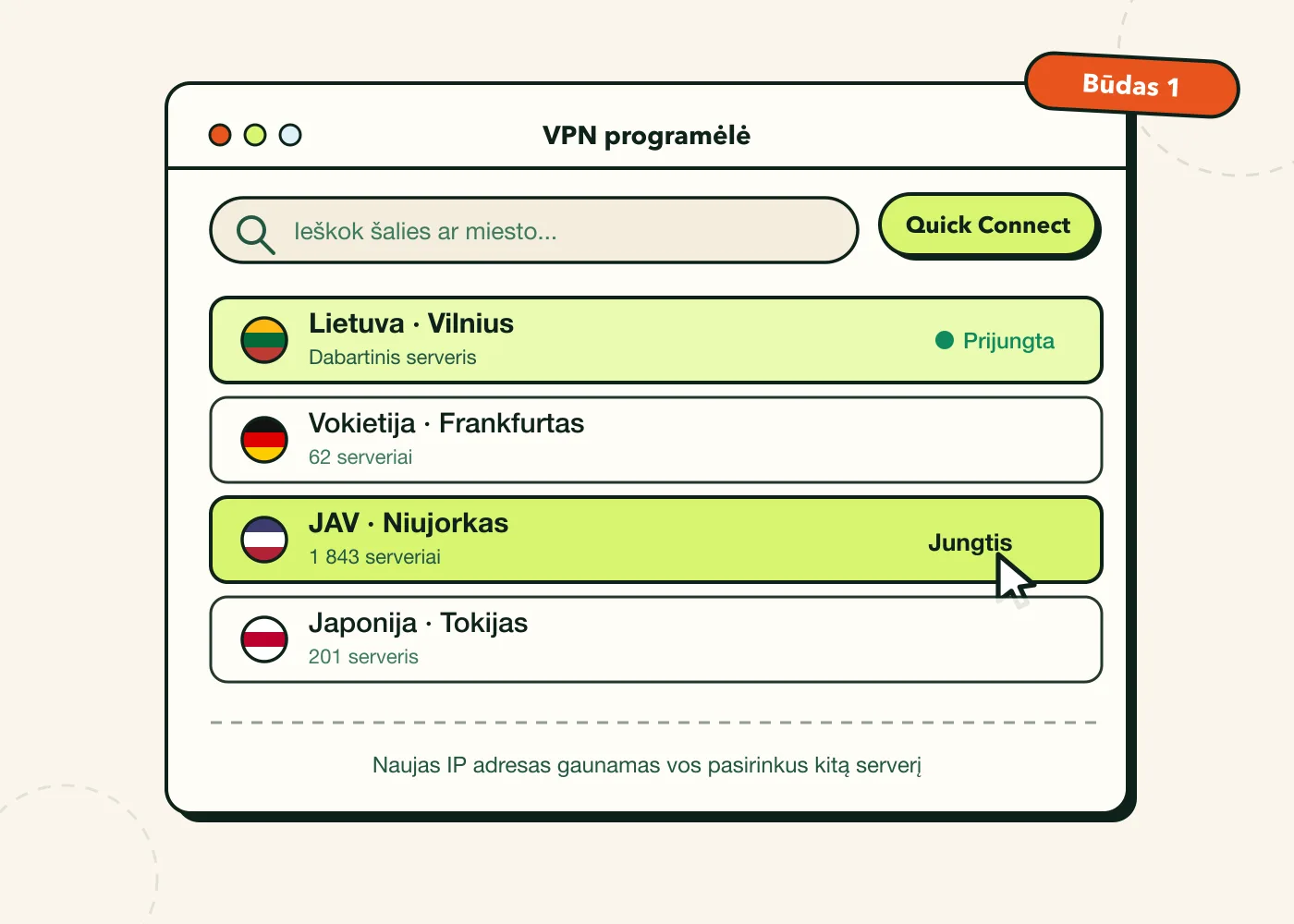 VPN programėlės serverių sąrašas: prijungta prie Lietuvos, žymeklis renkasi JAV serverį